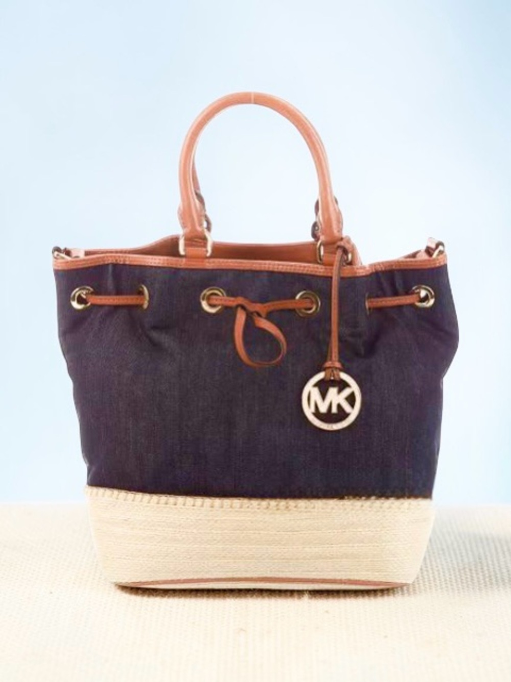 Michael Kors Navy Tote with Tan Leather Trim and Straw Base